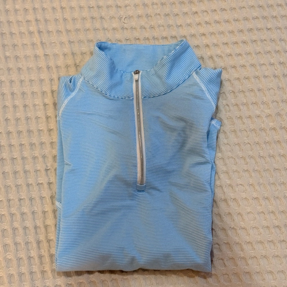 light blue and white stripped equestrian polo quarter zip RJ classics